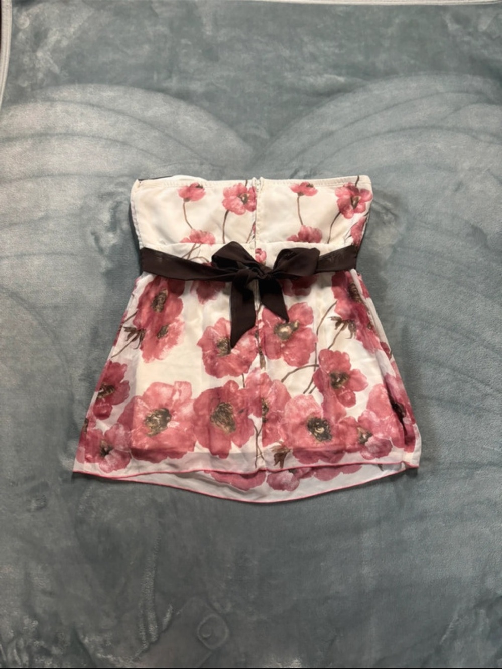 Studio Y White Strapless Floral Top with Pink Flowers and Brown Bow